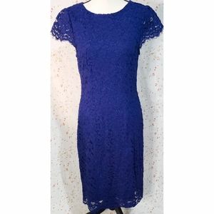 Erin by Erin Fetherston Blue Lace Sheath Dress Floral Formal Short Sleeve
